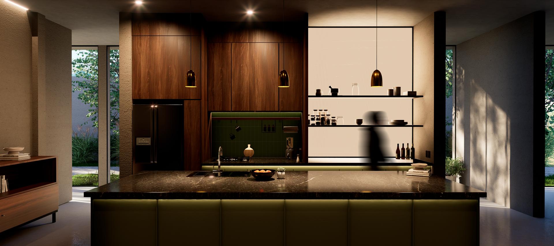 Render de una cocina residencial con alacenas de madera nogal, isla de mármol oscuro y repisas iluminadas, con jardín al fondo